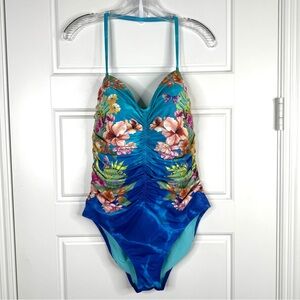 JOHNNY WAS Water Tropic Ruched Sweetheart One Piece Swimsuit NEW Size XL Blue